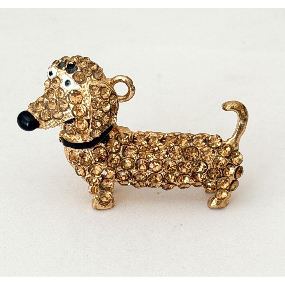 Rhinestone Dachshund Dog Gold Tone Brooch Pin • Wiener Dog Jewelry